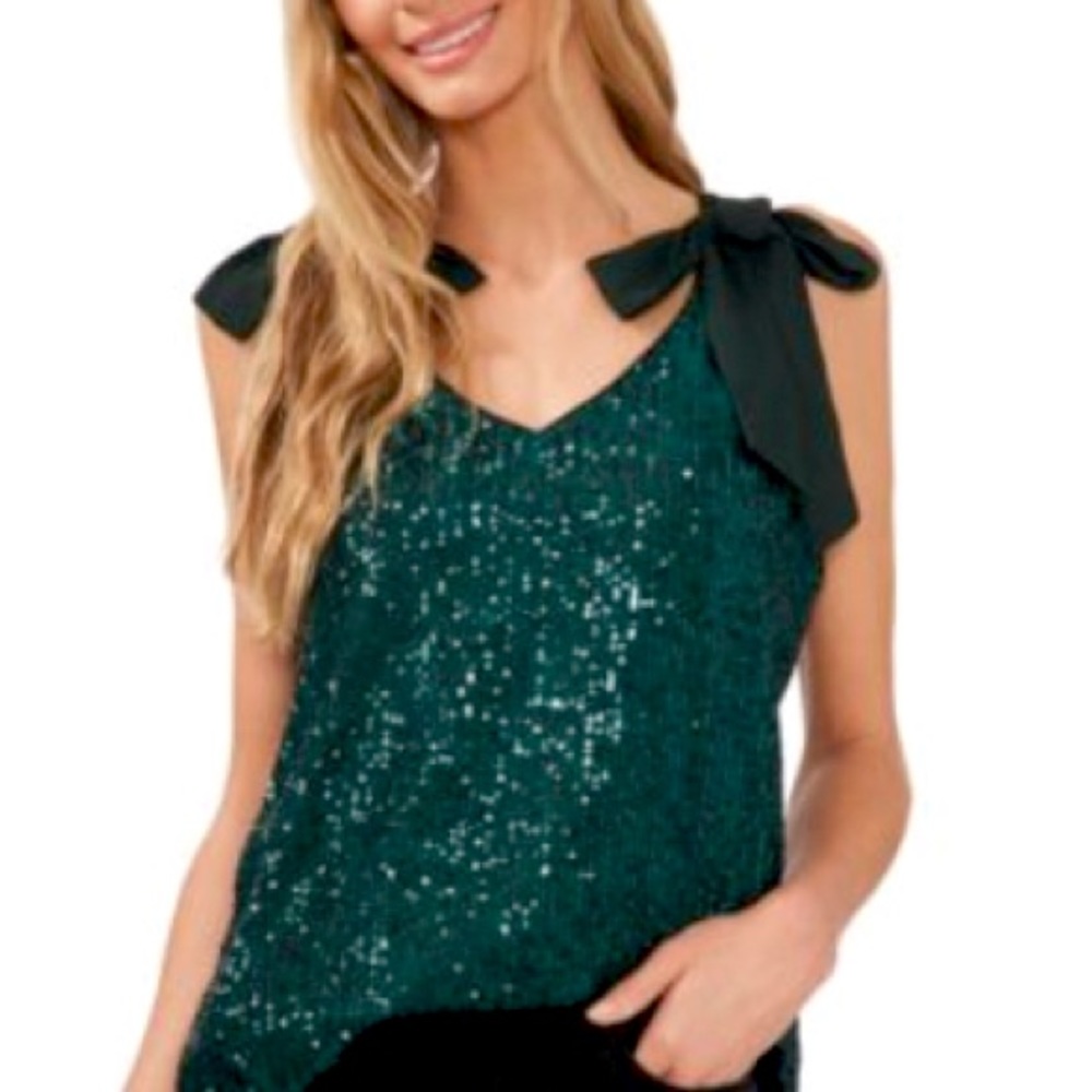 Stunning Green Sequined V-Neck Top with bows on the shoulders by CeCe